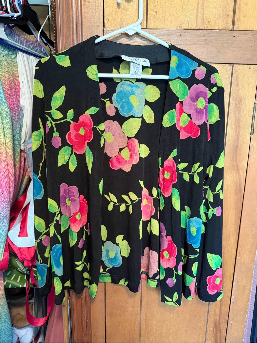 Ronni Nicole Black Floral Open-Front Cardigan with Multicolor Blooms